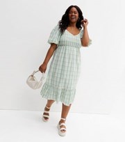 New Look Curves Green Check Shirred Tiered Midi Dress